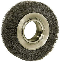 Weiler - 6" OD, 2" Arbor Hole, Crimped Steel Wheel Brush - 1-1/4" Face Width, 1-1/8" Trim Length, 0.006" Filament Diam, 6,000 RPM - Exact Tool & Supply