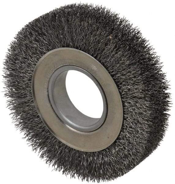 Weiler - 6" OD, 2" Arbor Hole, Crimped Steel Wheel Brush - 1-1/4" Face Width, 1-1/8" Trim Length, 0.014" Filament Diam, 6,000 RPM - Exact Tool & Supply