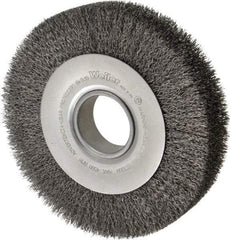 Weiler - 8" OD, 2" Arbor Hole, Crimped Steel Wheel Brush - 1-1/2" Face Width, 1-3/8" Trim Length, 0.014" Filament Diam, 4,500 RPM - Exact Tool & Supply