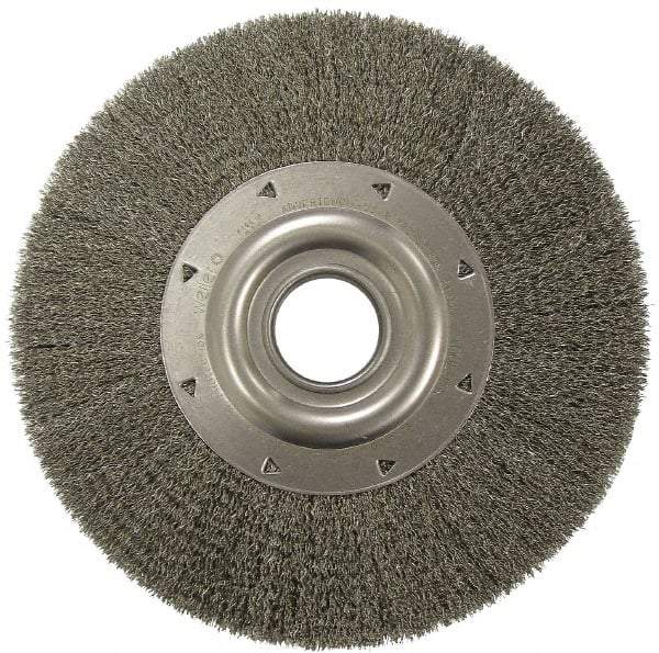 Weiler - 6" OD, 2" Arbor Hole, Crimped Stainless Steel Wheel Brush - 1-1/4" Face Width, 1-1/8" Trim Length, 0.006" Filament Diam, 6,000 RPM - Exact Tool & Supply