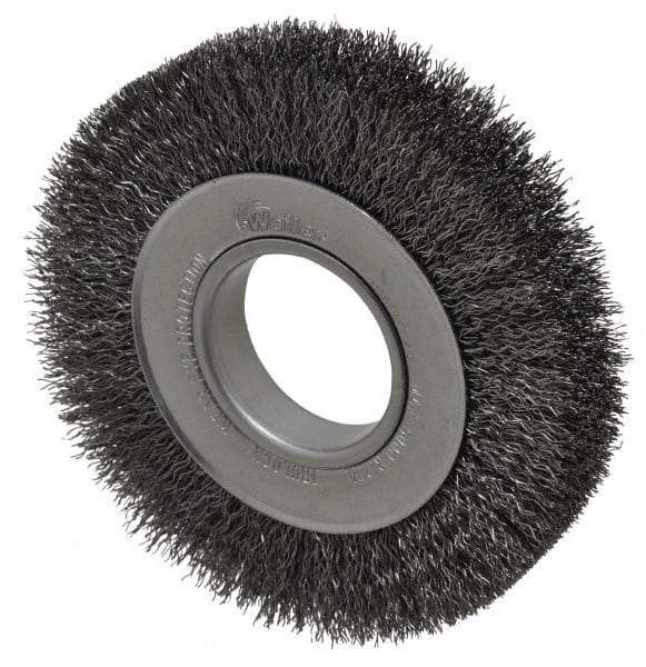Weiler - 6" OD, 2" Arbor Hole, Crimped Steel Wheel Brush - 1" Face Width, 1-1/8" Trim Length, 0.014" Filament Diam, 6,000 RPM - Exact Tool & Supply