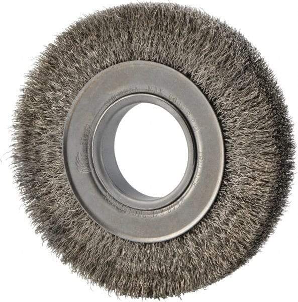 Weiler - 6" OD, 2" Arbor Hole, Crimped Stainless Steel Wheel Brush - 1" Face Width, 1-1/8" Trim Length, 0.0104" Filament Diam, 6,000 RPM - Exact Tool & Supply