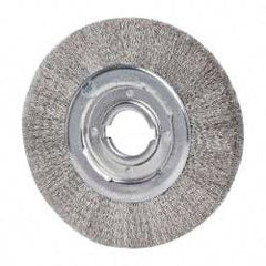 Weiler - 10" OD, 2" Arbor Hole, Crimped Stainless Steel Wheel Brush - 1-1/8" Face Width, 2" Trim Length, 0.0118" Filament Diam, 3,600 RPM - Exact Tool & Supply