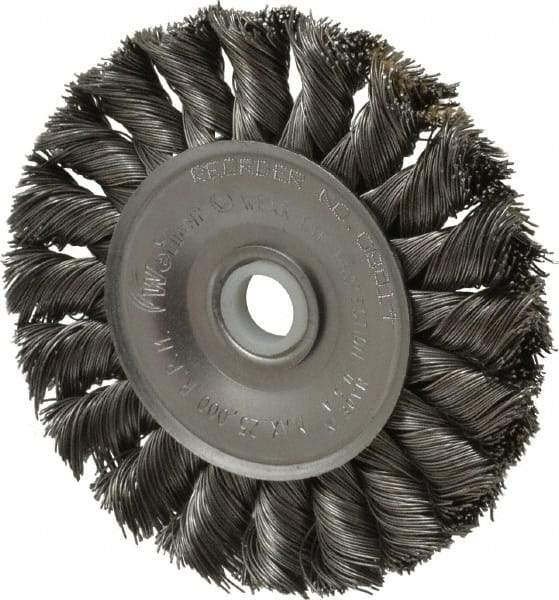 Weiler - 3" OD, 1/2" Arbor Hole, Knotted Steel Wheel Brush - 3/8" Face Width, 5/8" Trim Length, 0.014" Filament Diam, 25,000 RPM - Exact Tool & Supply