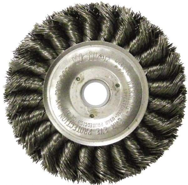 Weiler - 4" OD, 5/8" Arbor Hole, Knotted Steel Wheel Brush - 1/2" Face Width, 7/8" Trim Length, 0.014" Filament Diam, 20,000 RPM - Exact Tool & Supply