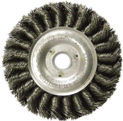 Weiler - 4" OD, 5/8" Arbor Hole, Knotted Steel Wheel Brush - 1/2" Face Width, 7/8" Trim Length, 0.014" Filament Diam, 20,000 RPM - Exact Tool & Supply