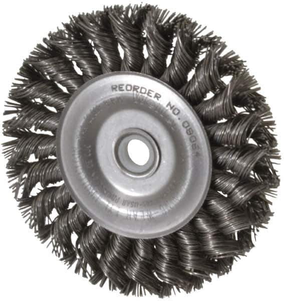 Weiler - 4" OD, 1/2" Arbor Hole, Knotted Steel Wheel Brush - 1/2" Face Width, 7/8" Trim Length, 0.02" Filament Diam, 20,000 RPM - Exact Tool & Supply