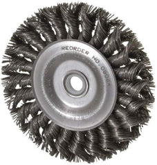 Weiler - 4" OD, 1/2" Arbor Hole, Knotted Steel Wheel Brush - 1/2" Face Width, 7/8" Trim Length, 0.02" Filament Diam, 20,000 RPM - Exact Tool & Supply
