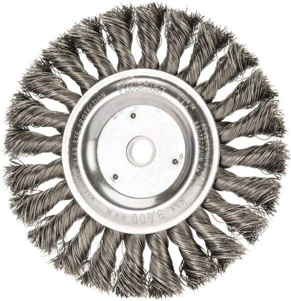 Weiler - 6" OD, 5/8" Arbor Hole, Knotted Steel Wheel Brush - 1/2" Face Width, 1-3/8" Trim Length, 0.016" Filament Diam, 9,000 RPM - Exact Tool & Supply