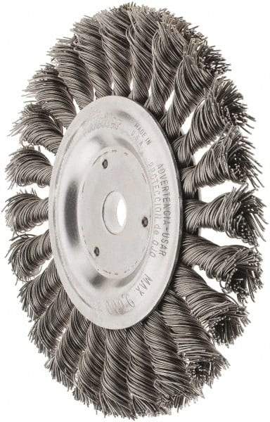 Weiler - 6" OD, 5/8" Arbor Hole, Knotted Steel Wheel Brush - 1/2" Face Width, 1-3/8" Trim Length, 0.023" Filament Diam, 9,000 RPM - Exact Tool & Supply