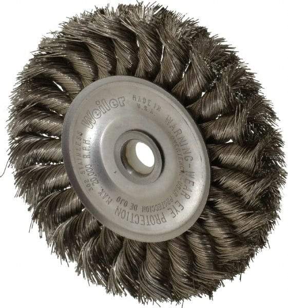 Weiler - 4" OD, 1/2" Arbor Hole, Knotted Stainless Steel Wheel Brush - 1/2" Face Width, 7/8" Trim Length, 0.0118" Filament Diam, 20,000 RPM - Exact Tool & Supply