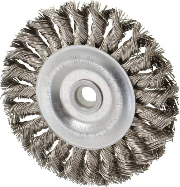 Weiler - 4" OD, 1/2" Arbor Hole, Knotted Stainless Steel Wheel Brush - 1/2" Face Width, 7/8" Trim Length, 0.02" Filament Diam, 20,000 RPM - Exact Tool & Supply