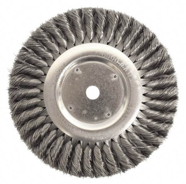 Weiler - 8" OD, 2" Arbor Hole, Knotted Steel Wheel Brush - 1" Face Width, 1-5/8" Trim Length, 0.0118" Filament Diam, 6,000 RPM - Exact Tool & Supply