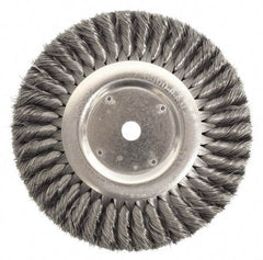 Weiler - 8" OD, 5/8" Arbor Hole, Knotted Stainless Steel Wheel Brush - 5/8" Face Width, 1-5/8" Trim Length, 0.0118" Filament Diam, 6,000 RPM - Exact Tool & Supply