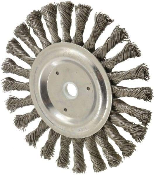 Weiler - 6" OD, 5/8" Arbor Hole, Knotted Steel Wheel Brush - 3/8" Face Width, 1-3/8" Trim Length, 0.023" Filament Diam, 9,000 RPM - Exact Tool & Supply