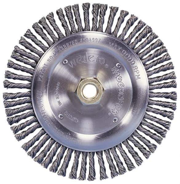 Weiler - 10" OD, 1-1/4" Arbor Hole, Knotted Steel Wheel Brush - 3/4" Face Width, 1-3/4" Trim Length, 0.014" Filament Diam, 4,500 RPM - Exact Tool & Supply