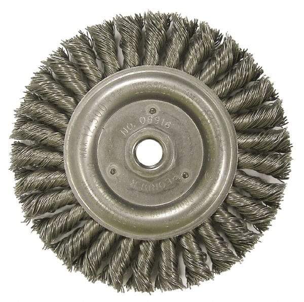 Weiler - 6" OD, 5/8-11 Arbor Hole, Knotted Steel Wheel Brush - 1/2" Face Width, 1-1/4" Trim Length, 0.023" Filament Diam, 12,500 RPM - Exact Tool & Supply