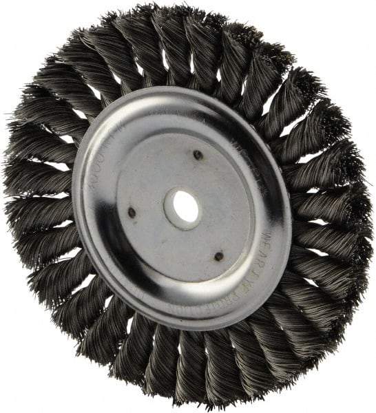 Weiler - 6" OD, 5/8" Arbor Hole, Knotted Steel Wheel Brush - 5/8" Face Width, 1-1/4" Trim Length, 0.016" Filament Diam, 9,000 RPM - Exact Tool & Supply