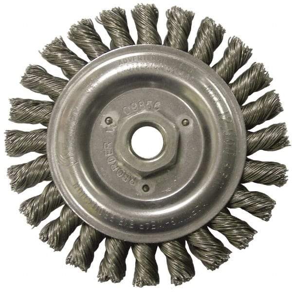 Weiler - 5" OD, 5/8-11 Arbor Hole, Knotted Steel Wheel Brush - 1/2" Face Width, 7/8" Trim Length, 0.023" Filament Diam, 12,500 RPM - Exact Tool & Supply