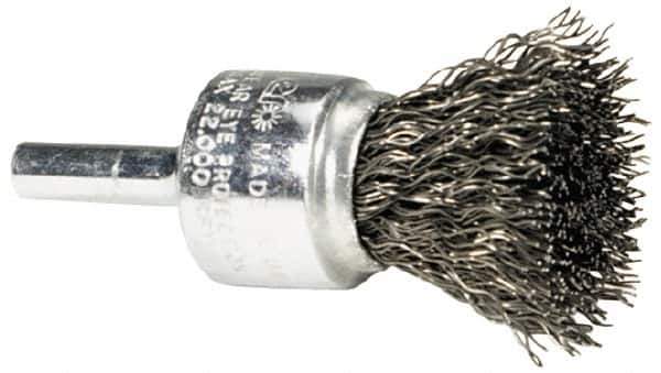 Weiler - 1/2" Brush Diam, Crimped, End Brush - 1/4" Diam Steel Shank, 25,000 Max RPM - Exact Tool & Supply