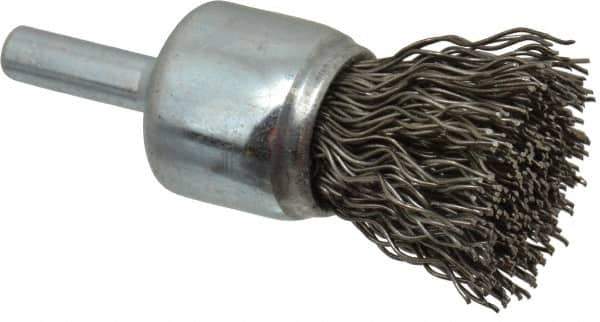 Weiler - 3/4" Brush Diam, Crimped, End Brush - 1/4" Diam Steel Shank, 22,000 Max RPM - Exact Tool & Supply