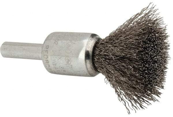 Weiler - 1/2" Brush Diam, Crimped, End Brush - 1/4" Diam Steel Shank, 25,000 Max RPM - Exact Tool & Supply