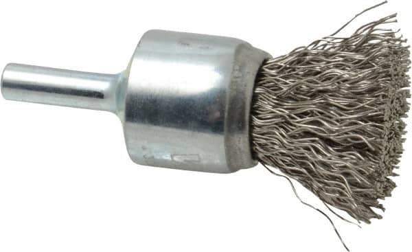 Weiler - 3/4" Brush Diam, Crimped, End Brush - 1/4" Diam Steel Shank, 22,000 Max RPM - Exact Tool & Supply