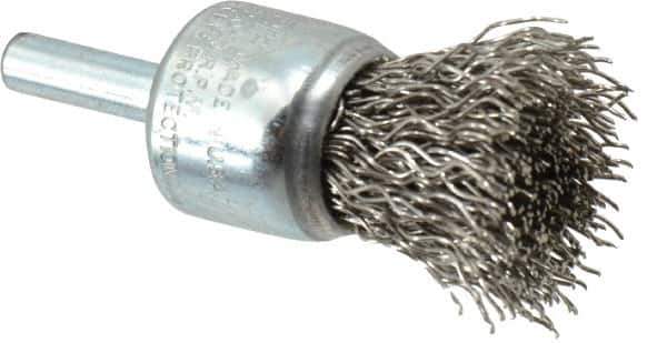 Weiler - 3/4" Brush Diam, Crimped, End Brush - 1/4" Diam Steel Shank, 22,000 Max RPM - Exact Tool & Supply