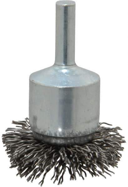 Weiler - 1-1/2" Brush Diam, Crimped, Flared End Brush - 1/4" Diam Shank, 20,000 Max RPM - Exact Tool & Supply
