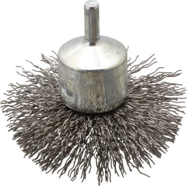Weiler - 3" Brush Diam, Crimped, Flared End Brush - 1/4" Diam Shank, 16,000 Max RPM - Exact Tool & Supply