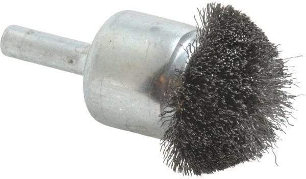 Weiler - 1-1/4" Brush Diam, Crimped, Flared End Brush - 1/4" Diam Shank, 20,000 Max RPM - Exact Tool & Supply