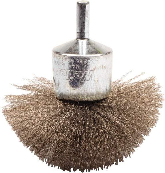 Weiler - 3" Brush Diam, Crimped, Flared End Brush - 1/4" Diam Shank, 16,000 Max RPM - Exact Tool & Supply