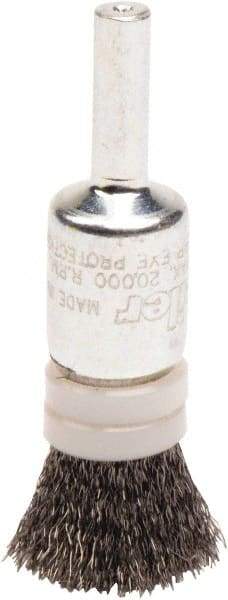 Weiler - 1/2" Brush Diam, Crimped, End Brush - 1/4" Diam Steel Shank, 20,000 Max RPM - Exact Tool & Supply