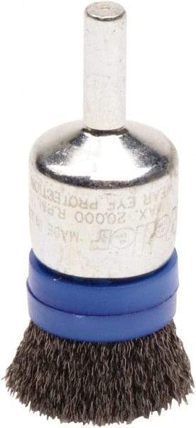 Weiler - 3/4" Brush Diam, Crimped, End Brush - 1/4" Diam Steel Shank, 20,000 Max RPM - Exact Tool & Supply