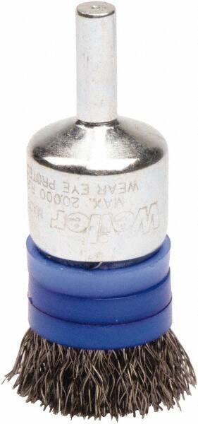 Weiler - 3/4" Brush Diam, Crimped, End Brush - 1/4" Diam Steel Shank, 20,000 Max RPM - Exact Tool & Supply