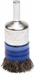 Weiler - 3/4" Brush Diam, Crimped, End Brush - 1/4" Diam Steel Shank, 20,000 Max RPM - Exact Tool & Supply