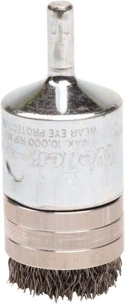 Weiler - 1" Brush Diam, Crimped, End Brush - 1/4" Diam Steel Shank, 10,000 Max RPM - Exact Tool & Supply