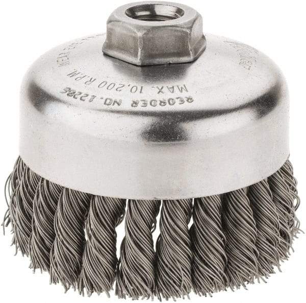 Weiler - 4" Diam, 5/8-11 Threaded Arbor, Steel Fill Cup Brush - 0.023 Wire Diam, 1-1/4" Trim Length, 9,000 Max RPM - Exact Tool & Supply