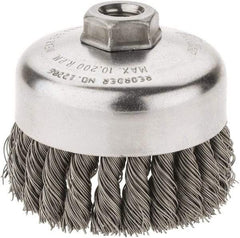 Weiler - 4" Diam, 5/8-11 Threaded Arbor, Steel Fill Cup Brush - 0.023 Wire Diam, 1-1/4" Trim Length, 9,000 Max RPM - Exact Tool & Supply