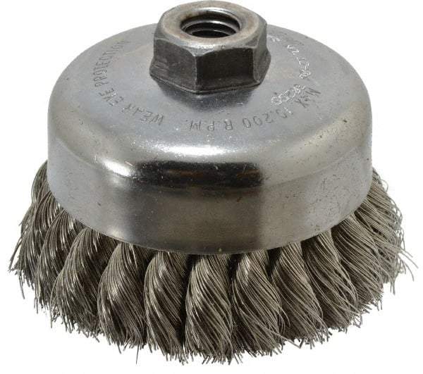 Weiler - 4" Diam, 5/8-11 Threaded Arbor, Stainless Steel Fill Cup Brush - 0.014 Wire Diam, 1-1/4" Trim Length, 9,000 Max RPM - Exact Tool & Supply