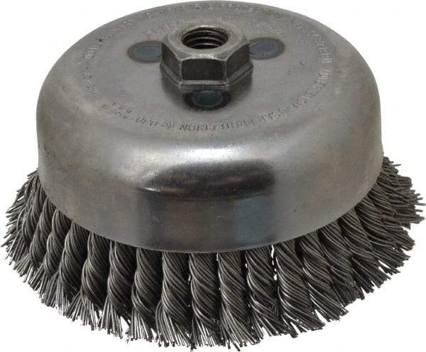 Weiler - 6" Diam, 5/8-11 Threaded Arbor, Steel Fill Cup Brush - 0.035 Wire Diam, 1-3/8" Trim Length, 6,600 Max RPM - Exact Tool & Supply