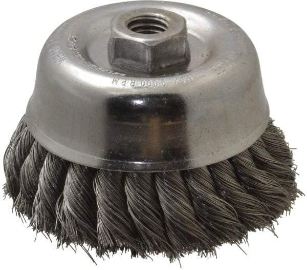 Weiler - 4" Diam, 5/8-11 Threaded Arbor, Steel Fill Cup Brush - 0.014 Wire Diam, 1-3/8" Trim Length, 9,000 Max RPM - Exact Tool & Supply