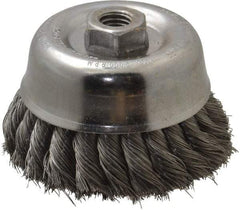 Weiler - 4" Diam, 5/8-11 Threaded Arbor, Steel Fill Cup Brush - 0.014 Wire Diam, 1-3/8" Trim Length, 9,000 Max RPM - Exact Tool & Supply