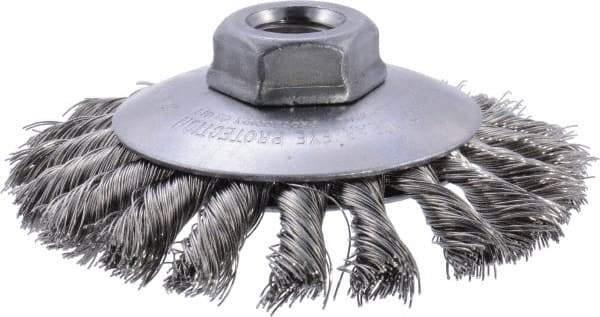 Weiler - 4" OD, 5/8-11 Arbor Hole, Knotted Stainless Steel Wheel Brush - 3/8" Face Width, 3/4" Trim Length, 0.014" Filament Diam, 12,500 RPM - Exact Tool & Supply