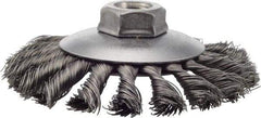 Weiler - 4-1/2" OD, 5/8-11 Arbor Hole, Knotted Steel Wheel Brush - 3/8" Face Width, 1" Trim Length, 0.014" Filament Diam, 12,500 RPM - Exact Tool & Supply