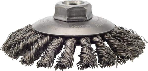 Weiler - 4-1/2" OD, 5/8-11 Arbor Hole, Knotted Steel Wheel Brush - 3/8" Face Width, 1" Trim Length, 0.02" Filament Diam, 12,500 RPM - Exact Tool & Supply