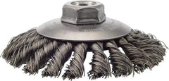 Weiler - 4-1/2" OD, 5/8-11 Arbor Hole, Knotted Steel Wheel Brush - 3/8" Face Width, 1" Trim Length, 0.02" Filament Diam, 12,500 RPM - Exact Tool & Supply