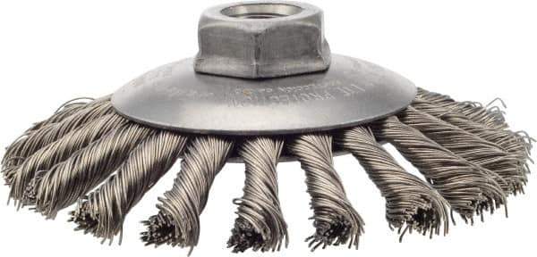 Weiler - 4-1/2" OD, 5/8-11 Arbor Hole, Knotted Stainless Steel Wheel Brush - 3/8" Face Width, 1" Trim Length, 0.02" Filament Diam, 12,500 RPM - Exact Tool & Supply