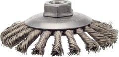 Weiler - 4-1/2" OD, 5/8-11 Arbor Hole, Knotted Stainless Steel Wheel Brush - 3/8" Face Width, 1" Trim Length, 0.02" Filament Diam, 12,500 RPM - Exact Tool & Supply