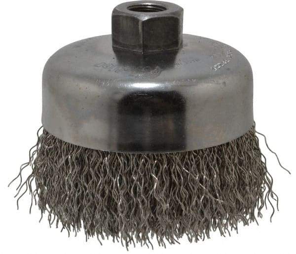 Weiler - 4" Diam, 5/8-11 Threaded Arbor, Stainless Steel Fill Cup Brush - 0.02 Wire Diam, 1-3/8" Trim Length, 9,000 Max RPM - Exact Tool & Supply